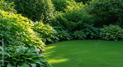 A bright and lush summer garden featuring vibrant green foliage and a clear grassy area, perfect for copy space under warm natural sunlight, trees, organic, backyard