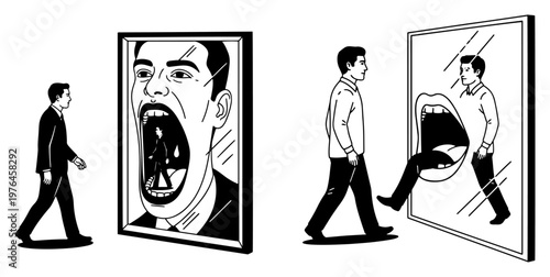 Man walking into surreal mirror reflection with giant mouth conceptual line art