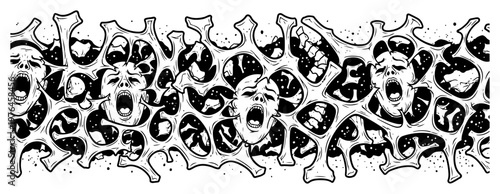 Screaming human faces trapped in organic bone structure border in horror art style