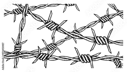 Barbed wire strands pattern representing security and boundary in vintage engraving style