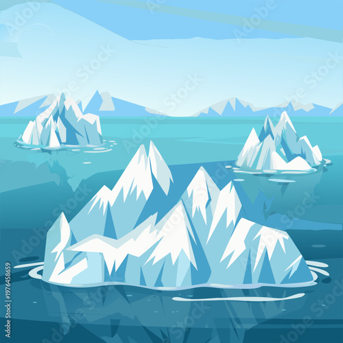 Icebergs Floating In Arctic Sea Vector Illustration