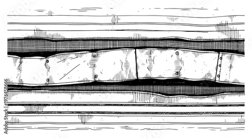 Layered industrial padding and textured material in detailed crosshatch engraving style