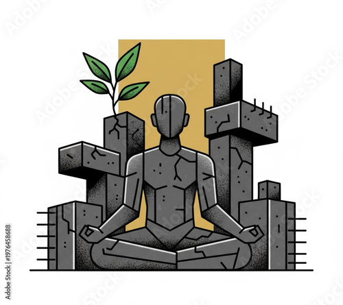 A serene stone figure in lotus pose meditating amidst decaying concrete structures, with a single green sprout symbolizing growth, resilience, and inner peace in an urban setting