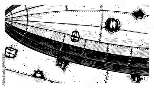 Zeppelin hull with bullet holes and damage in vintage engraving style