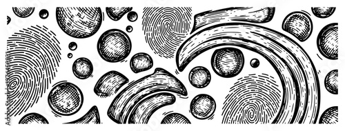 Abstract circular patterns with fine line hatching and organic shapes vintage engraving style