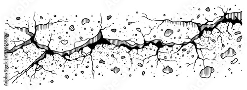 Deep crack in concrete wall or ground in detailed stipple engraving style