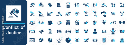 A symbol of conflict and justice sits on a desk in a courtroom environment with various icons.