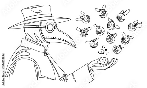 Plague doctor releasing winged eyeball creatures in surreal line art style