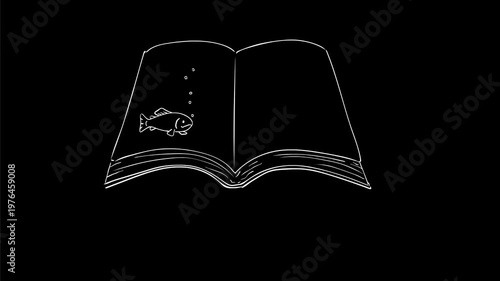 2d Animation motion graphics drawing of a trout fish jumping out of book page on white, black and green screen in 4K ultra-high-definition.