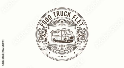 Vintage Food Truck Fleet Logo Emblem with Ornate Scrollwork