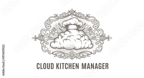 Cloud Kitchen Manager Logo with Chef Hat and Engraved Flourish