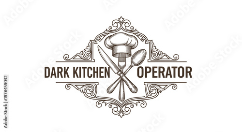 Vintage Engraved Emblem with Chef Hat, Fork, Knife, Spoon, and Text "DARK KITCHEN OPERATOR"