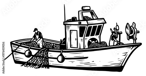 Fishing boat at sea with fisherman pulling nets in traditional woodcut style