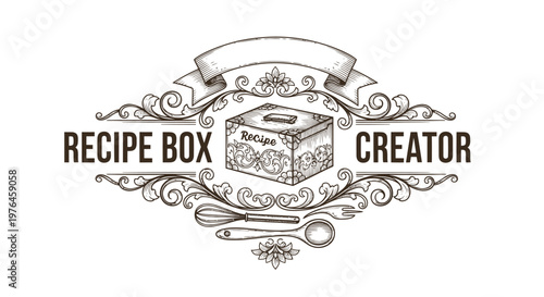Vintage Recipe Box Creator Logo with Engraved Details and Kitchen Utensils