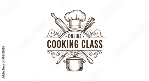 Online Cooking Class Emblem with Vintage Engraved Kitchen Utensils and Chef Hat