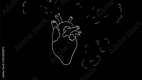 2d Animation motion graphics drawing of a heart pumping smoke on white, black and green screen in 4K ultra-high-definition.