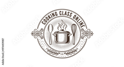 Vintage Cooking Class Online Emblem with Pot, Spoon, Whisk, and Steam