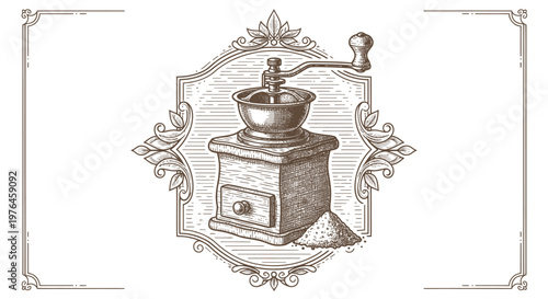 Vintage Engraved Coffee Grinder with Coffee Beans, Retro Kitchenware Illustration