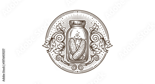 Vintage Engraved Jar of Pickles Emblem with Decorative Flourishes