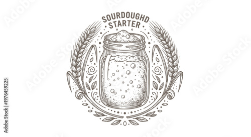 Vintage Sourdough Starter Jar with Wheat and Decorative Elements