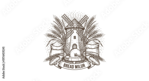 Vintage Bread Mill Logo with Wheat and Flour Sacks