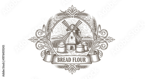 Vintage Engraved Emblem: Windmill, Wheat, Flour Sacks, Rustic Bakery Logo
