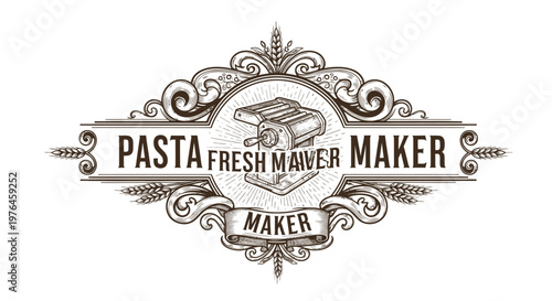 Vintage Pasta Maker Emblem with Wheat Stalks and Ornate Flourishes