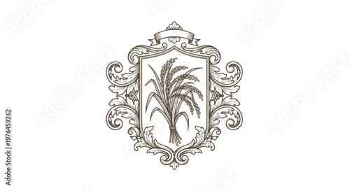 Vintage Engraved Wheat Emblem with Ornate Border on White Background