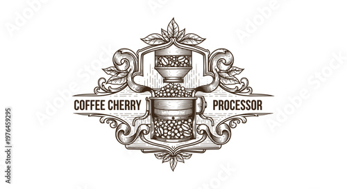 Vintage Coffee Cherry Processor Emblem - Engraved Style