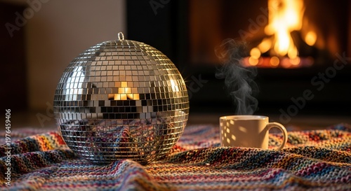 A glittering disco ball reflects firelight on a multi-colored knit blanket beside a steaming mug, with a glowing hearth in the background, ambient, blurry, glisten