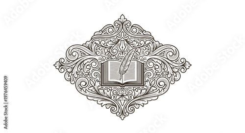 Vintage Engraved Emblem of Open Book with Quill Pen, Ornamental Flourish Design