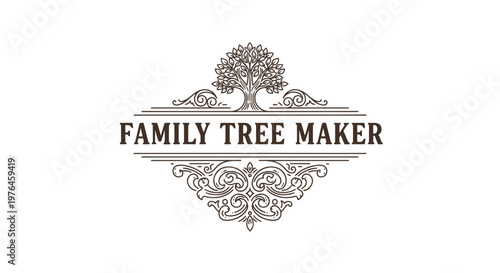 Vintage Family Tree Maker Logo with Ornate Flourishes and Engraved Style