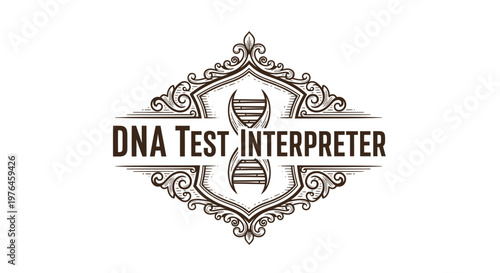 Vintage engraved DNA helix logo, genetic science interpreter emblem