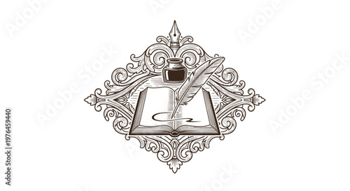 Vintage Quill Pen Writing in Open Book with Inkwell, Ornate Scrollwork Frame