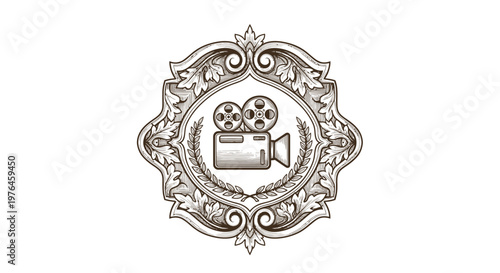 Vintage Film Camera Emblem - Retro Cinema Emblem with Ornate Frame