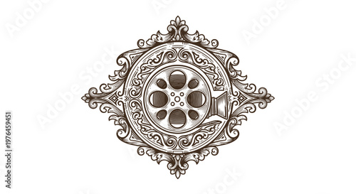 Vintage Engraved Ornate Decorative Emblem with Film Reel Element