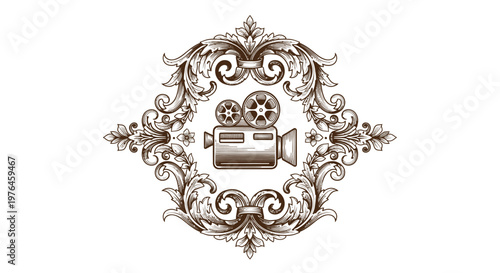 Vintage Engraved Camera Emblem with Ornate Flourish Border