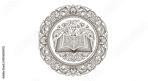 Vintage Engraved Emblem with Open Book and Floral Ornaments