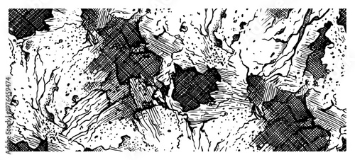 Eroded stone surface with deep cracks and craters in detailed stipple style