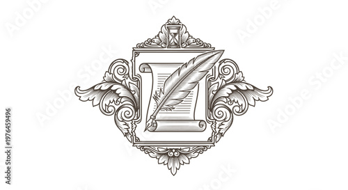 Vintage Engraved Quill Pen and Scroll Emblem with Ornate Flourish
