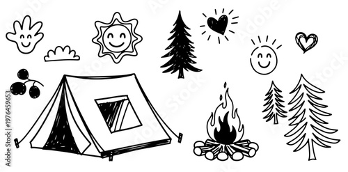 Tent campfire and forest trees for camping trip in simple doodle style