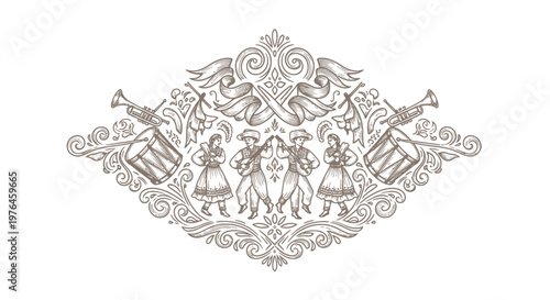 Vintage Engraved Festive Celebration with Musicians and Dancers