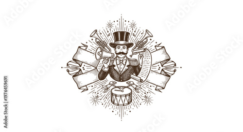 Vintage Circus Master of Ceremonies with Drum and Trumpets