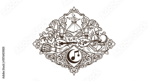 Vintage Engraved Middle Eastern Musicians and Dancer Emblem