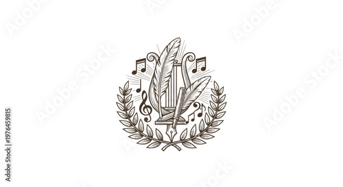 Fotografie Vintage Engraved Musical Emblem with Lyre, Feathers, and Notes