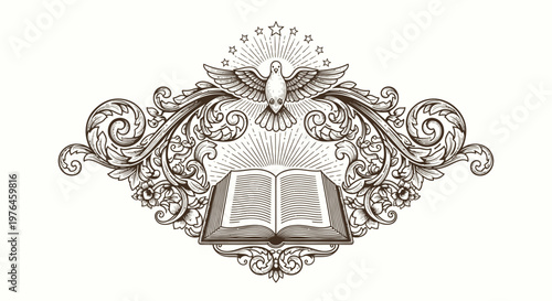 Vintage Engraved Holy Bible and Dove Emblem with Ornate Flourish