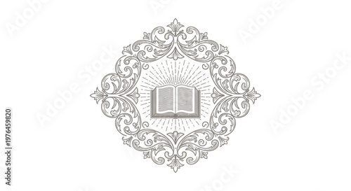 Tableau sur toile Vintage Engraved Emblem with Open Book and Rays of Light