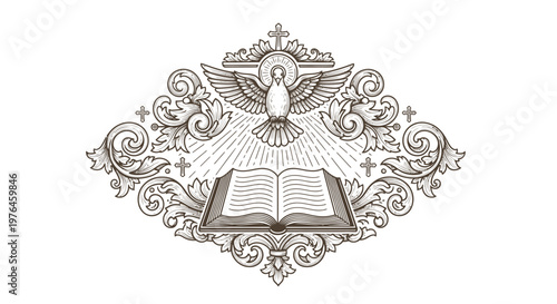 Holy Spirit Dove, Bible, Cross, Ornate Vintage Engraved Emblem