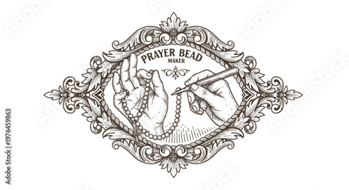 Vintage Engraved Hands Crafting Prayer Beads in Ornate Frame