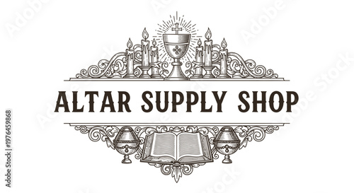 Vintage Engraved Altar Supply Shop Emblem with Chalice and Bible